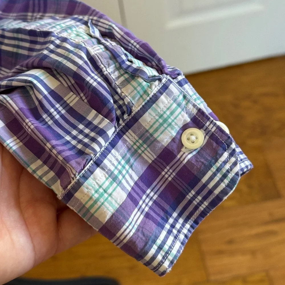 Banana Republic Purple Plaid Button Down Shirt L Long Sleeve Cotton Work Casual